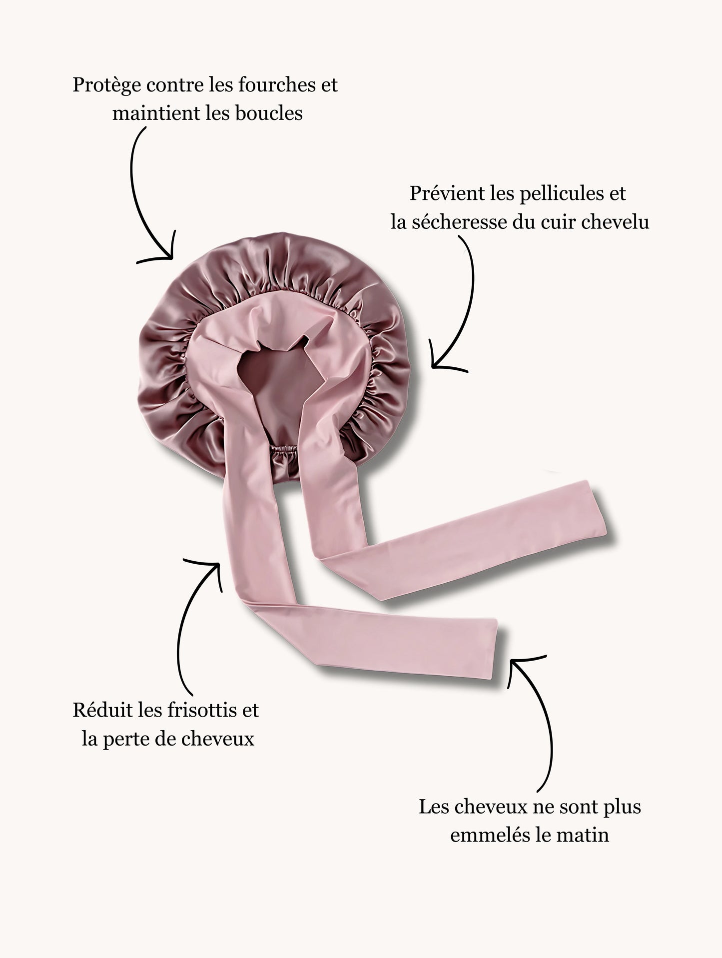 Bonnet en soie doré présenté sur un mannequin avec des annotations mettant en avant ses bienfaits contre les frisottis et la sécheresse capillaire.