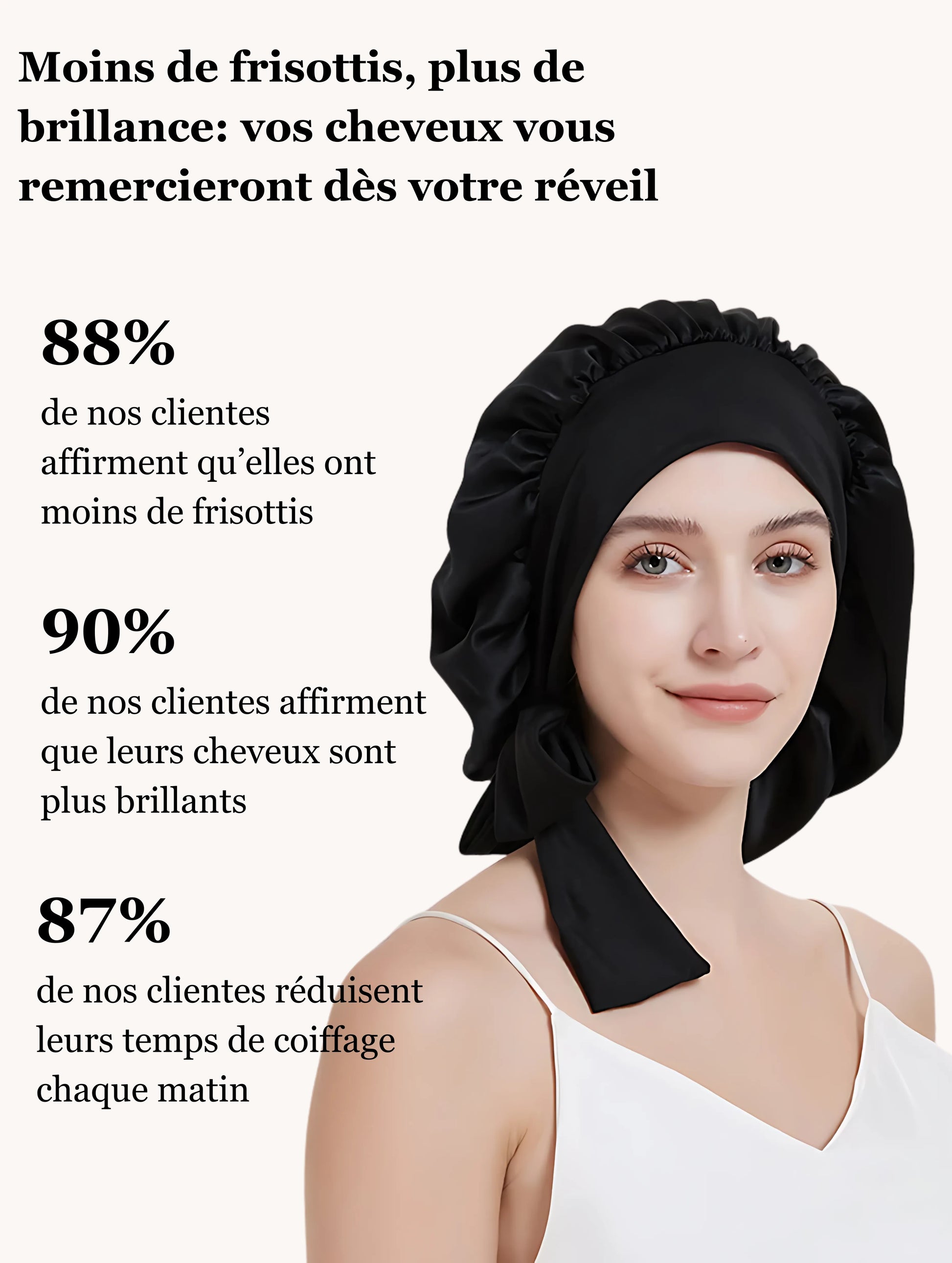 Femme portant un bonnet en soie avec des statistiques sur la réduction des frisottis et l’amélioration de la brillance capillaire.