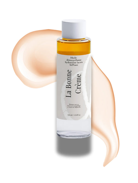 Flacon d’huile démaquillante hydratante lactée bi-phase La Bonne Crème, offrant un nettoyage doux et efficace tout en nourrissant la peau.